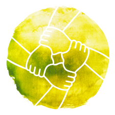 Services de coaching entreprise représenté par 4 mains sur un rond jaune.