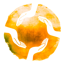 Ateliers de coaching OZ représenté par 4 mains pleines sur un rond orange.