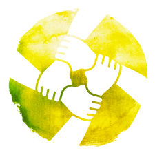 Coaching d'entreprise représenté par 4 mains pleines sur un rond jaune.
